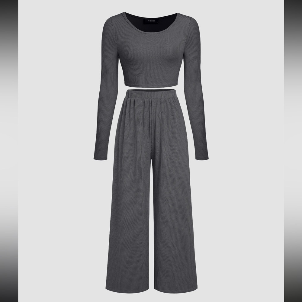 Solid Knitted Crop Top & Wide Leg Trousers Set